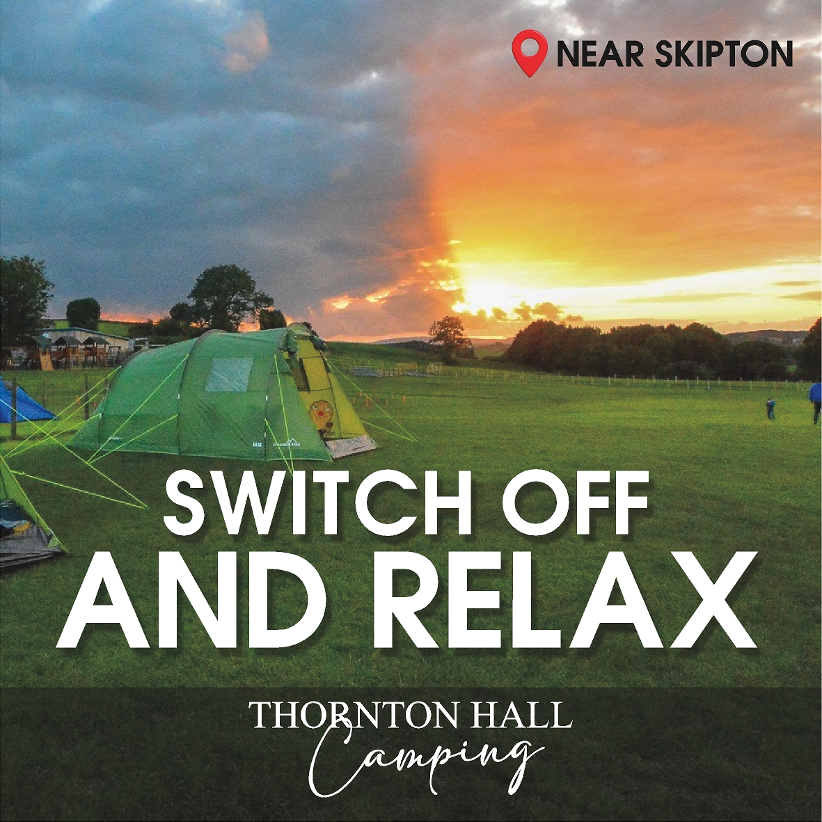 Family camping tent at Thornton Hall Camping with countryside sunset views near Skipton