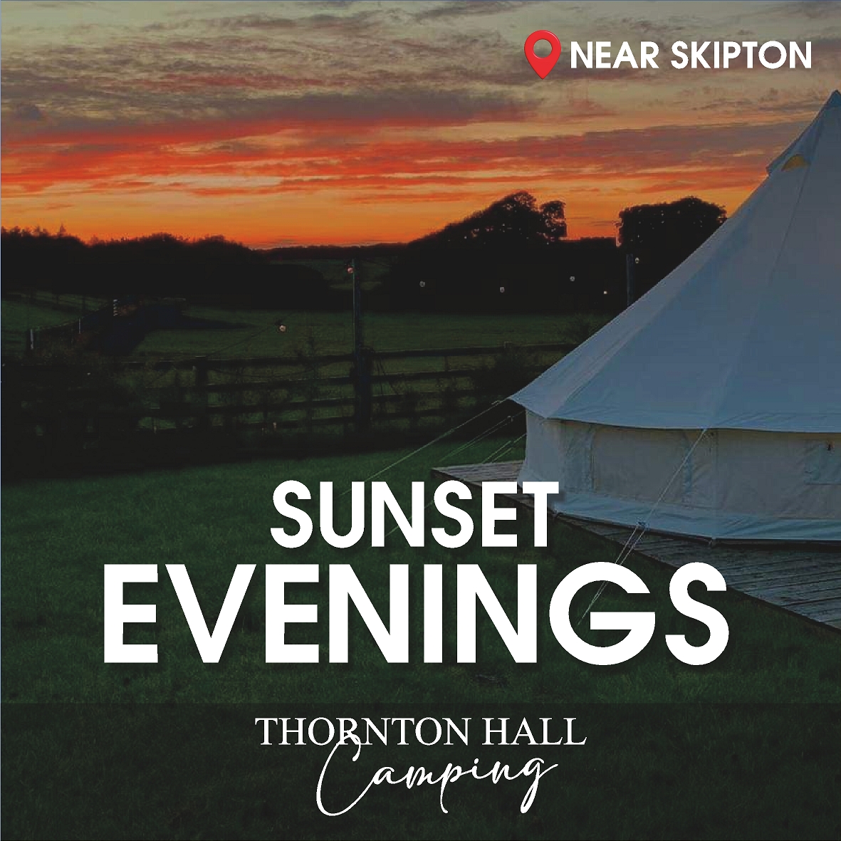 Glamping tent at sunset at Thornton Hall Country Park camping near Skipton with countryside views